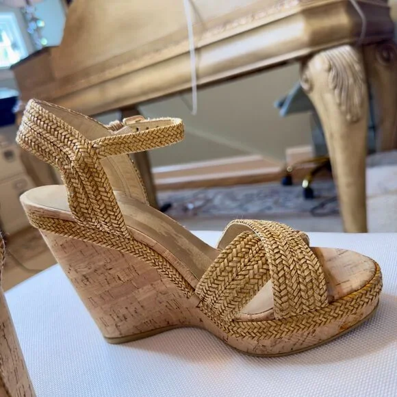 Stuart Weitzman Minx Stappy Wedges Shoes with Cork and Raffia Size 7 - Picture 12 of 16